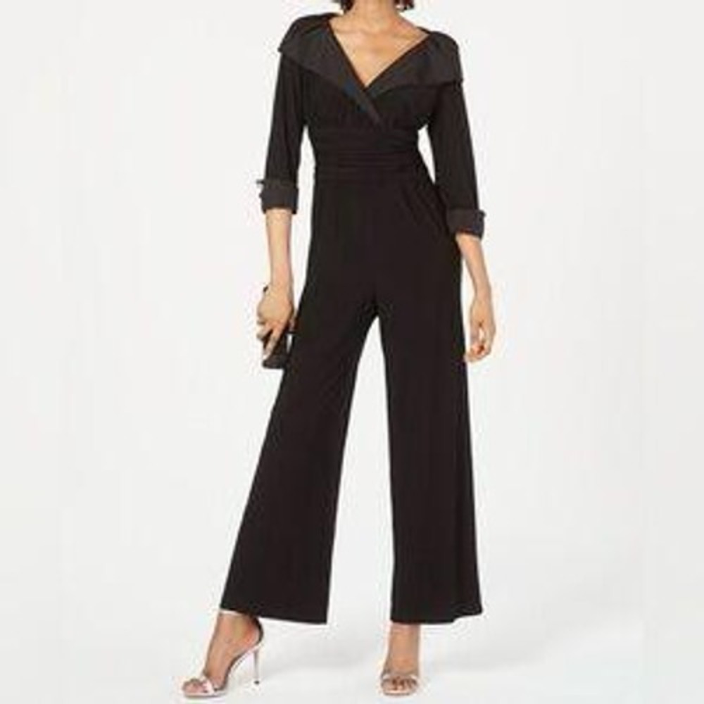 Jessica H Womens Black Portrait Collar Ruched Waist Wide Leg Jumpsuit Size 12